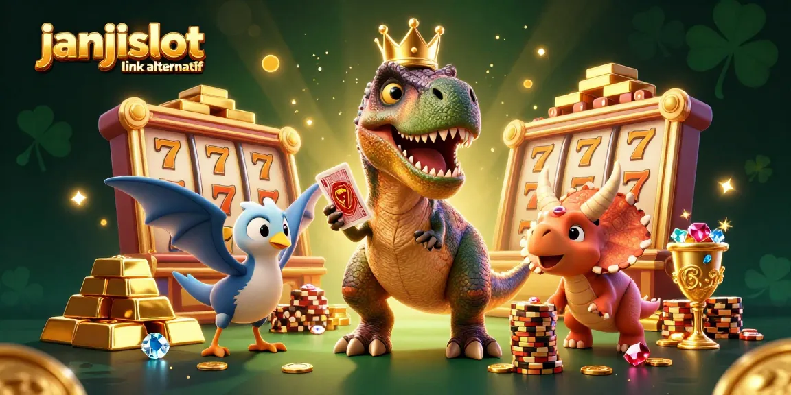Engage with janjislot link alternatif through this vibrant 3D casino scene featuring playful characters and slot elements.