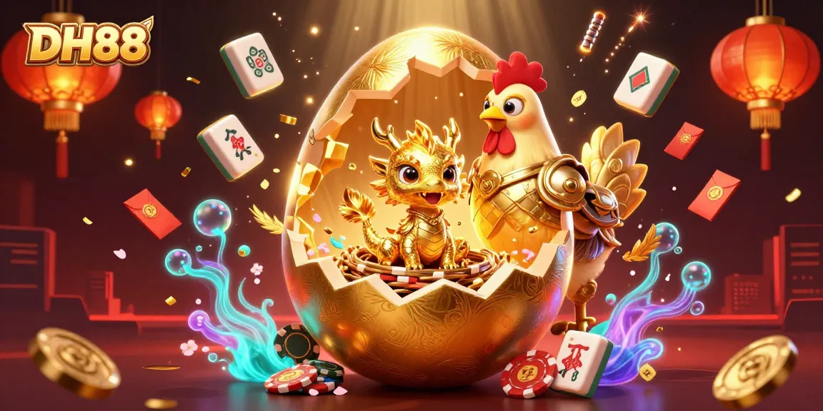 Experience thrilling gaming at DH88 with a golden dragon amidst piles of poker chips and festive elements.