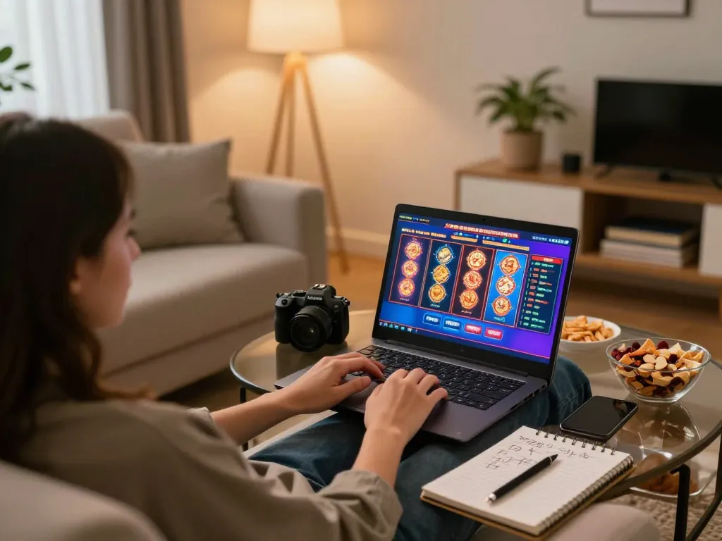 Player engaging in online gaming at TG88 with colorful slot display and cozy home atmosphere