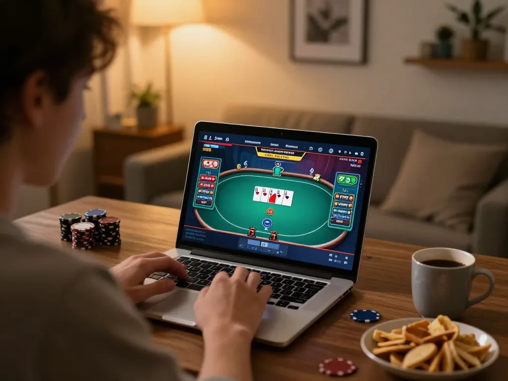 Engaging online poker gameplay at home with llwin interface, showcasing player concentration and comfortable setup