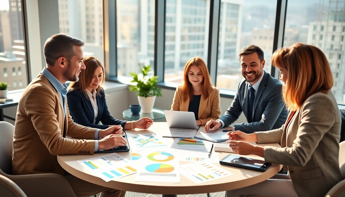 Consultants discussing contracts and grants at a modern office table, highlighting collaboration.