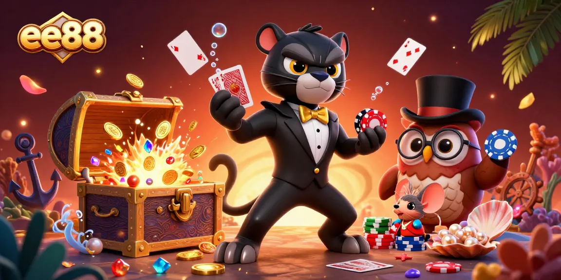 Join the excitement at ee88, where a stylish panther deals cards and an owl holds poker chips amidst treasures!