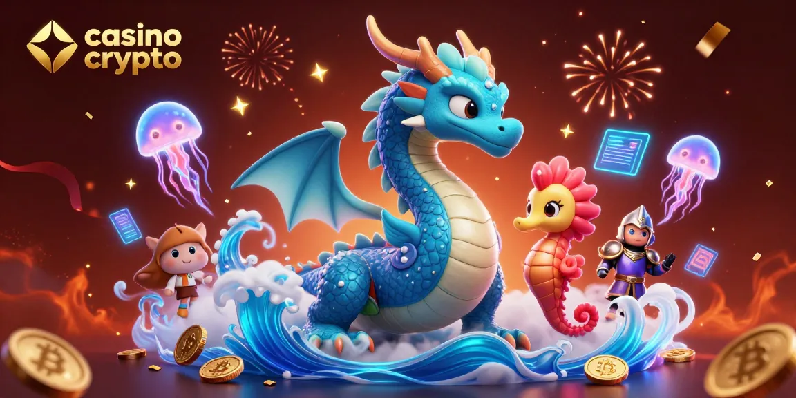 Gagnez des gains dans un casino crypto avec des personnages animés, des pièces de Bitcoin, et des éléments de blockchain.