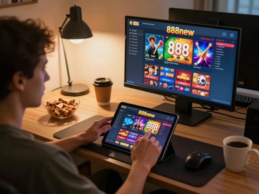 Engaging with 888new's online casino on a tablet in a cozy setup.