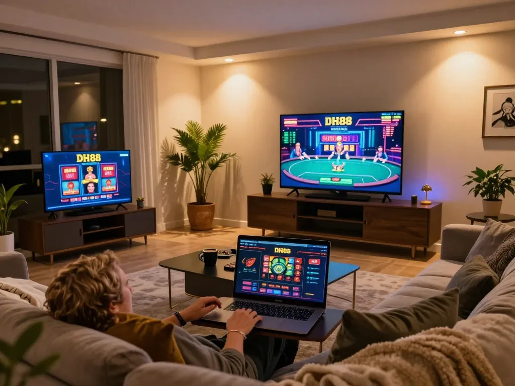 Engaged player using the DH88 casino app on a laptop in a cozy modern living room.