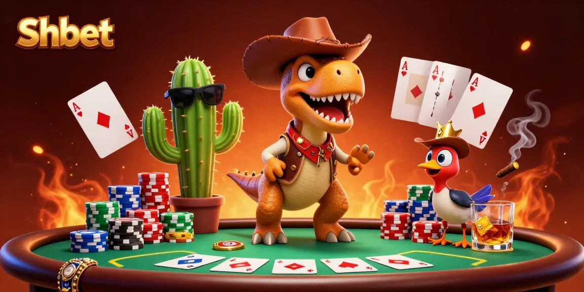 Experience Shbet's exciting gambling atmosphere with a vibrant 3D dinosaur poker scene.