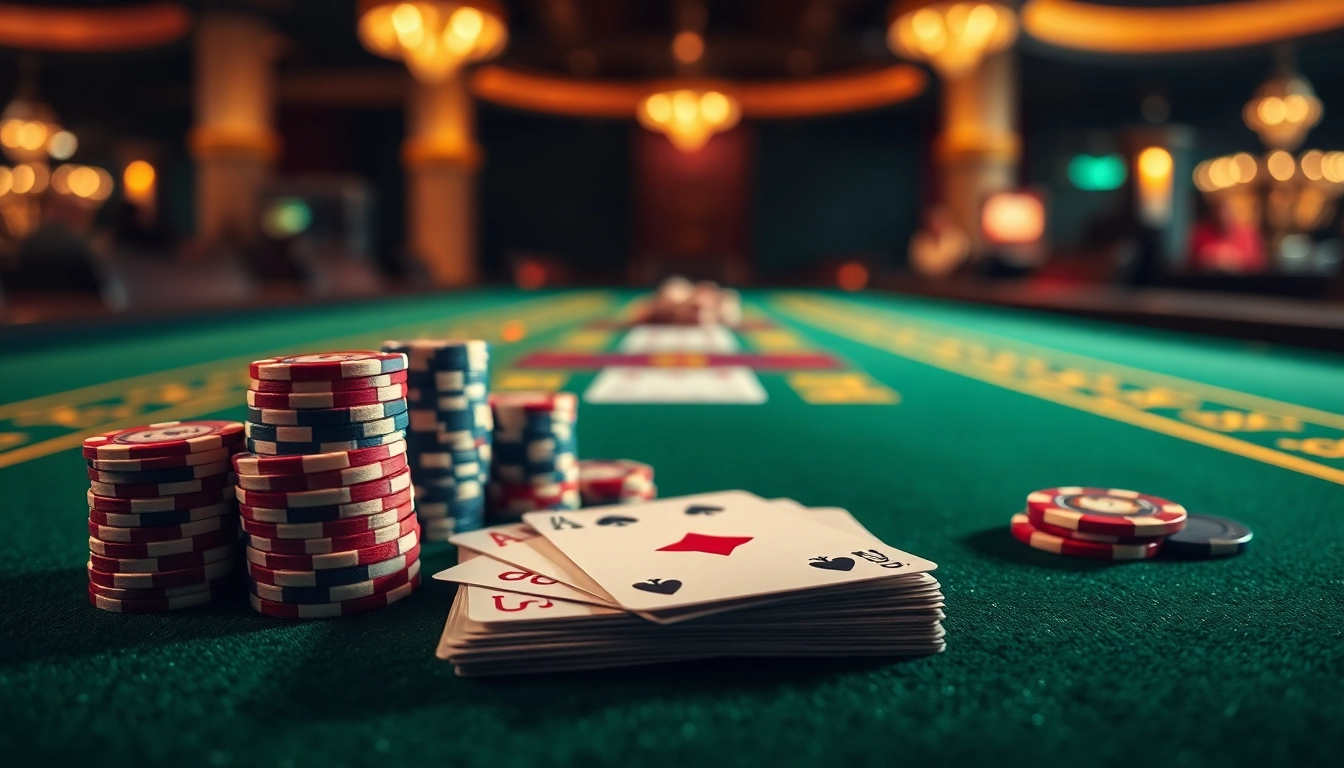 Membuat ondel4d daftar di meja kasino dengan tumpukan chip dan kartu yang menarik.