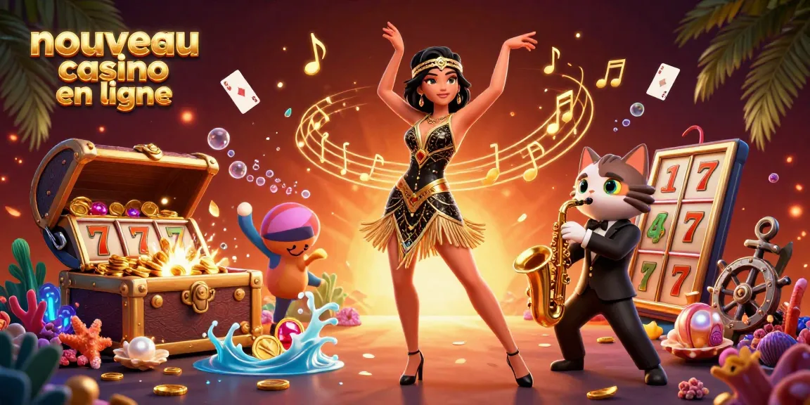 Illustration de nouveau casino en ligne mettant en scène une danseuse flapper avec un chat jouant du saxophone, entourée d'éléments de jeux de machines à sous et de confettis.