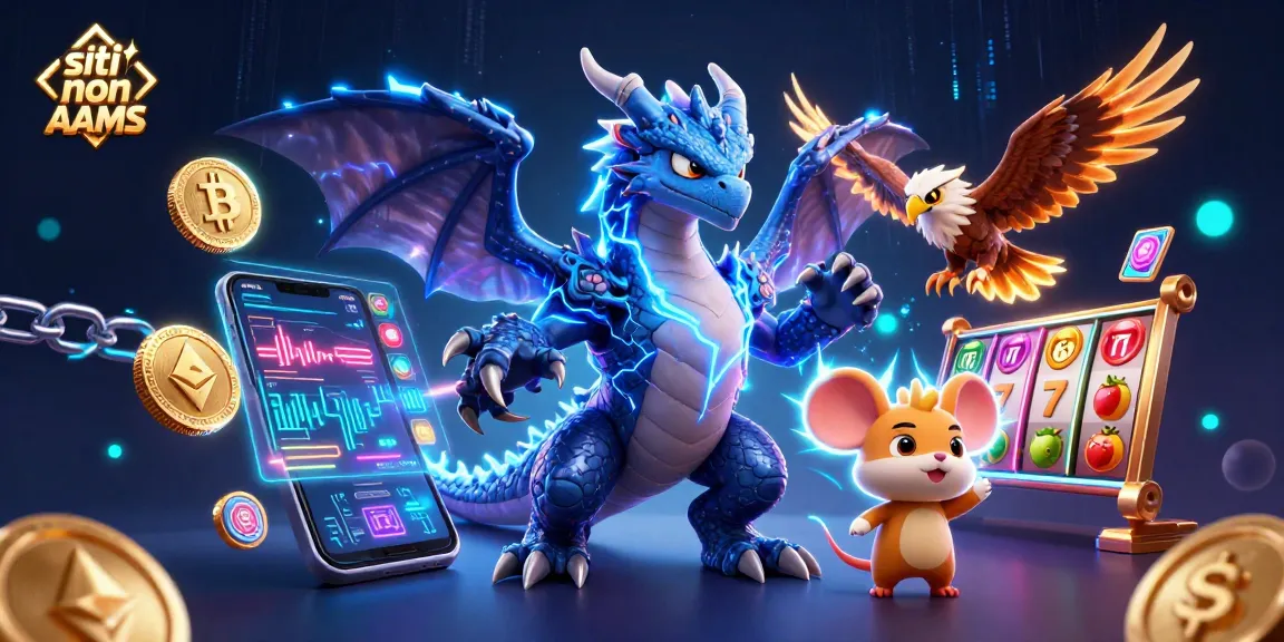 Siti non AAMS: Illustrazione 3D dinamica di un drago del tuono, un falco del vento e un topo del tuono all'interno di una scena vibrante di casinò tra monete crypto brillanti.