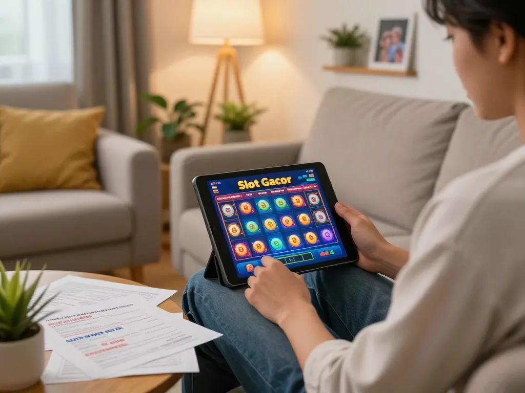 Engaging in Slot Gacor Dewagg online gaming from a cozy home environment while reviewing betting strategies.