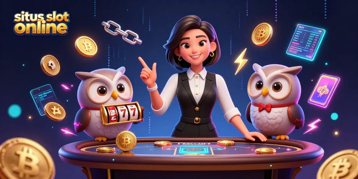 Suasana menarik di situs slot online dengan dealer dan asisten burung hantu yang mempersembahkan fitur permainan slot yang menarik.