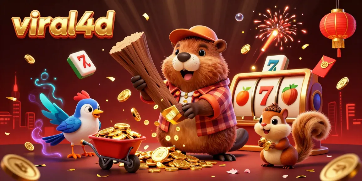 Spin to win with viral4d as the lumberjack beaver collects golden coins in an exciting casino scene.