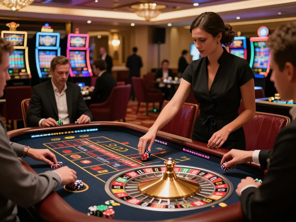 Experience sv368 excitement at an upscale roulette table in a luxurious casino atmosphere.