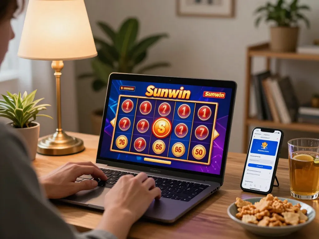 Engaging player winning on Sunwin slots during home gaming session with laptop and snacks.
