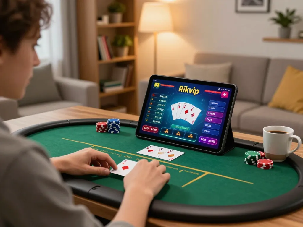 Player engaging with rikvip on tablet for a strategic poker game in a cozy home setting
