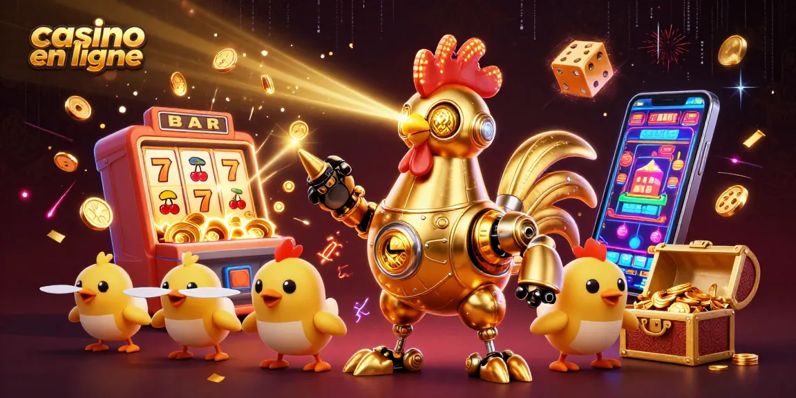 Jouez sur un casino en ligne avec un robot coq futuriste illuminé entouré d'une explosion de jackpot.