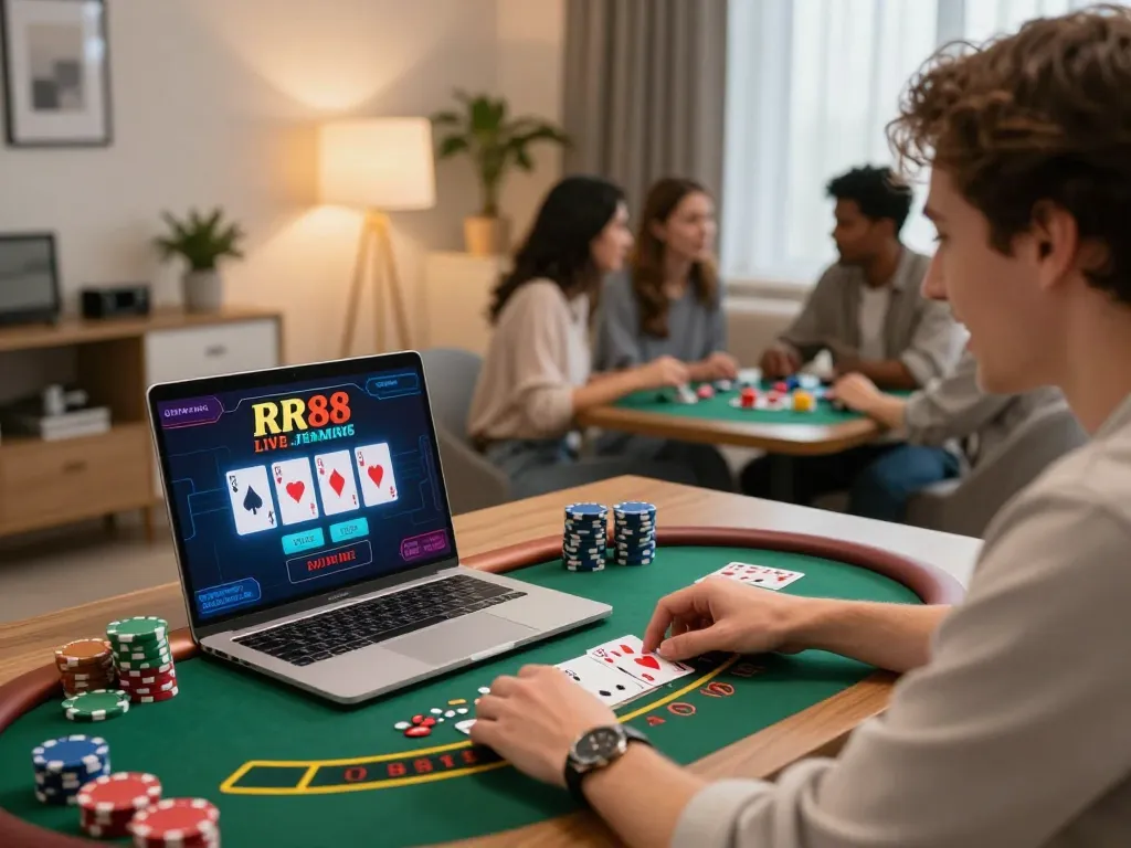 Engaging online blackjack gameplay on RR88 with dynamic screen and inviting home setting