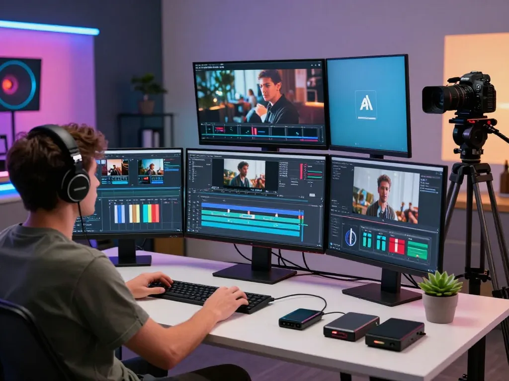 Video to prompt ai in a modern editing studio with video screens and creator focused on AI generated prompts.