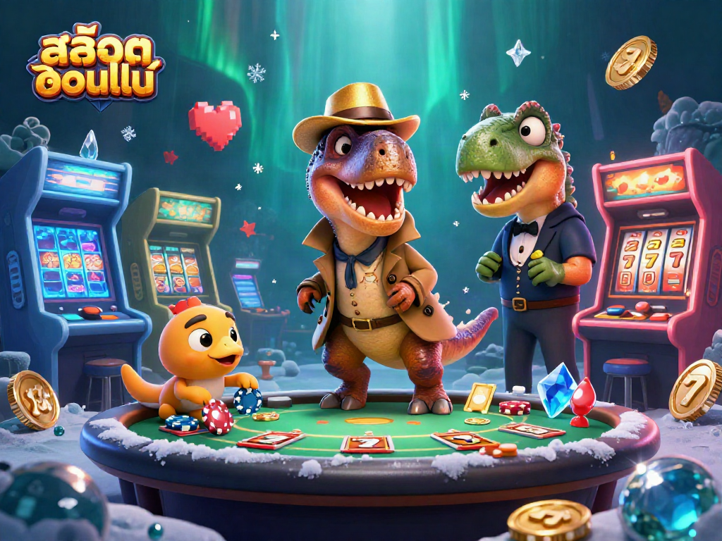 Play thrilling สล็อตออนไลน์ with a velociraptor card counter in a vibrant 3D casino scene.