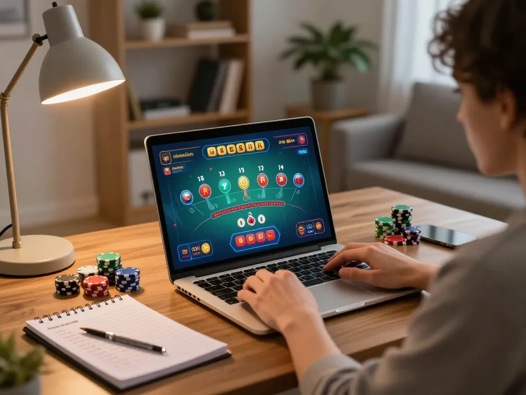 Player engaging in online baccarat at home on 58wiin, surrounded by chips and strategy notes.
