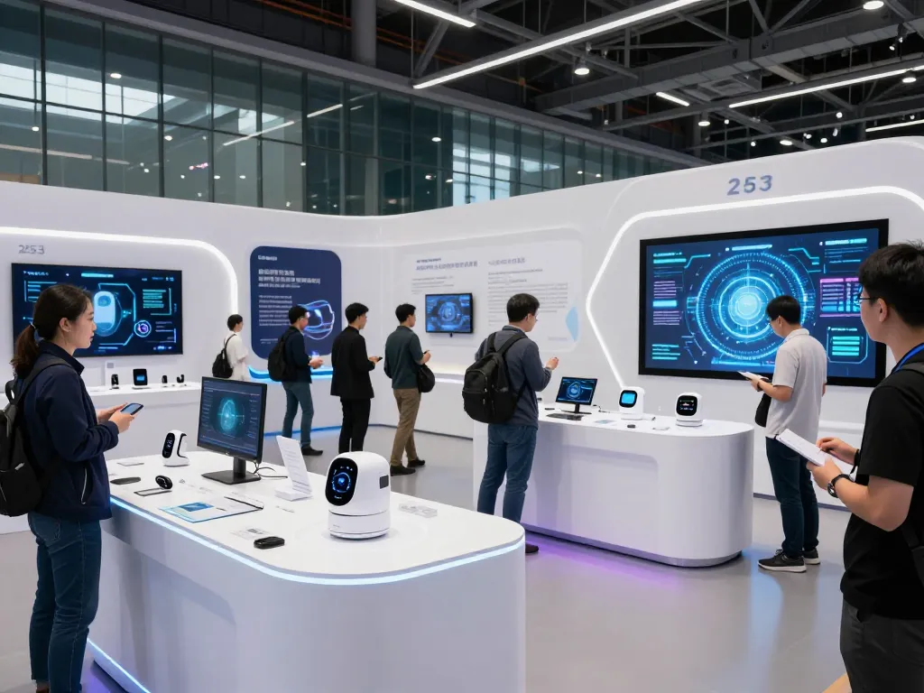 Showcase of latest tech gadgets 2053 at a modern exhibition hall with interactive displays and enthusiastic visitors.