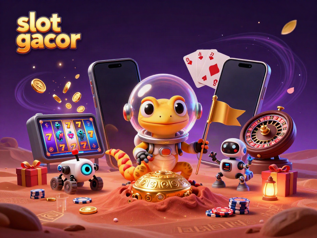 Experience the excitement of slot gacor with a Martian gecko discovering an alien casino while surrounded by game elements.