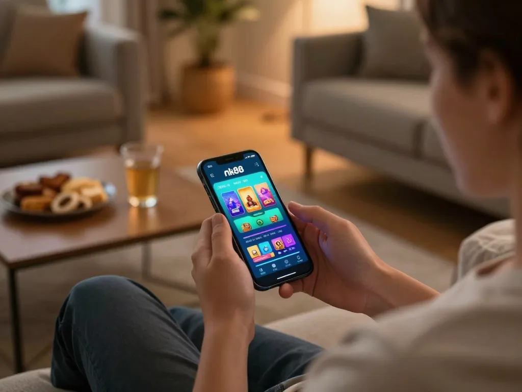 Engaging with the nk88 app for mobile gaming in a cozy home setting