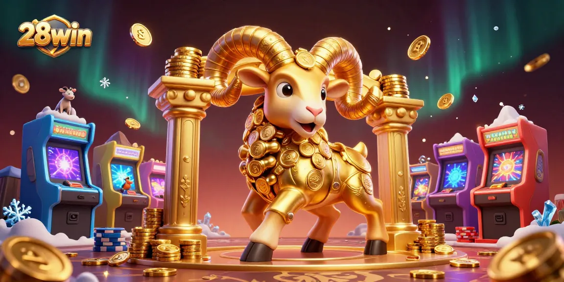 Experience the thrill of 28win with animated 3D characters surrounding vibrant gaming elements.