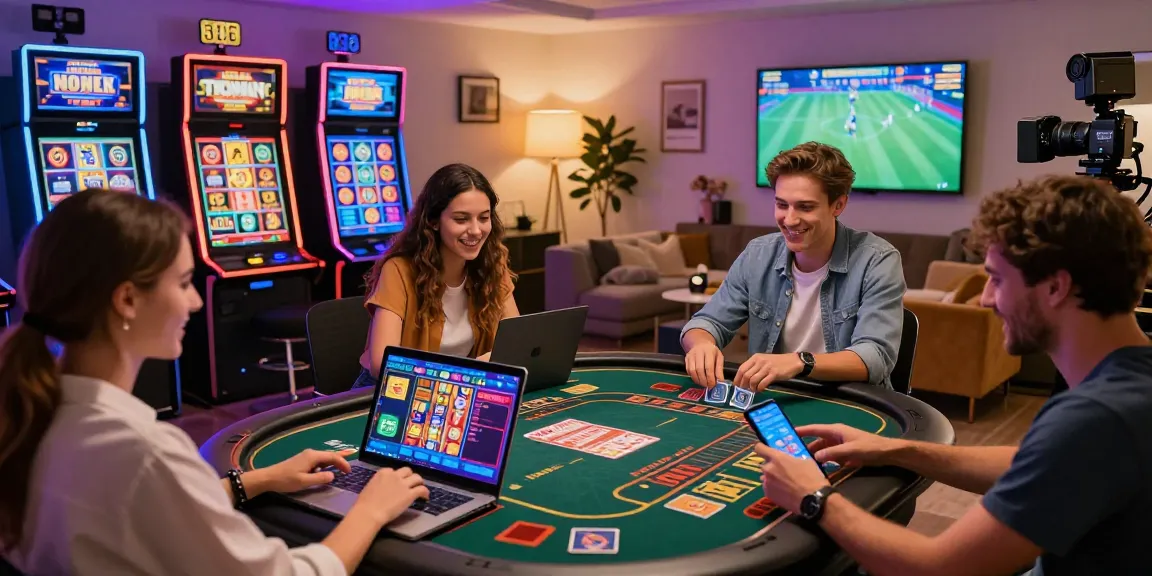 Scène excitante de nouveau casino en ligne présentant des joueurs s'engageant dans des jeux virtuels dans une atmosphère conviviale.