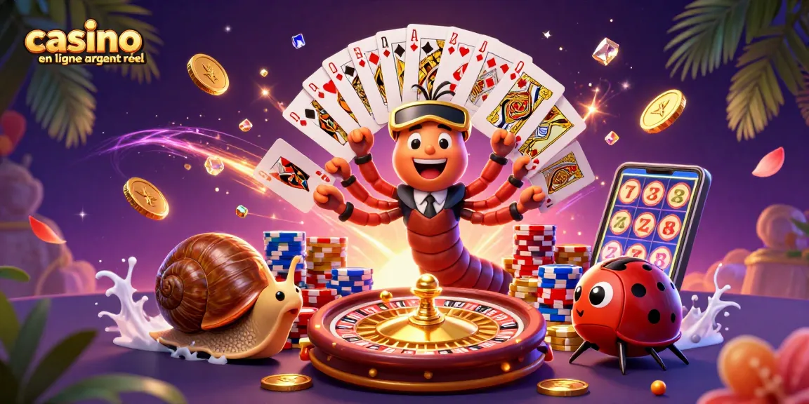 Jouer sur un casino en ligne argent réel avec un personnage millipède dealer entouré de jetons et de gains.