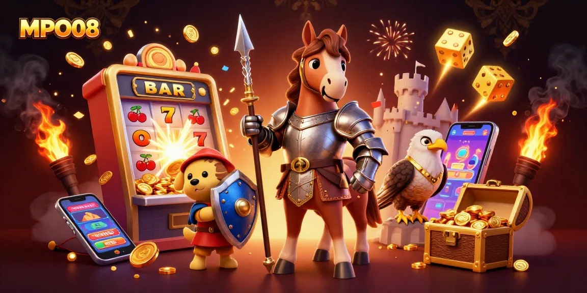 MPO08 engages in thrilling slots action with knights and treasure amidst a vibrant casino explosion.