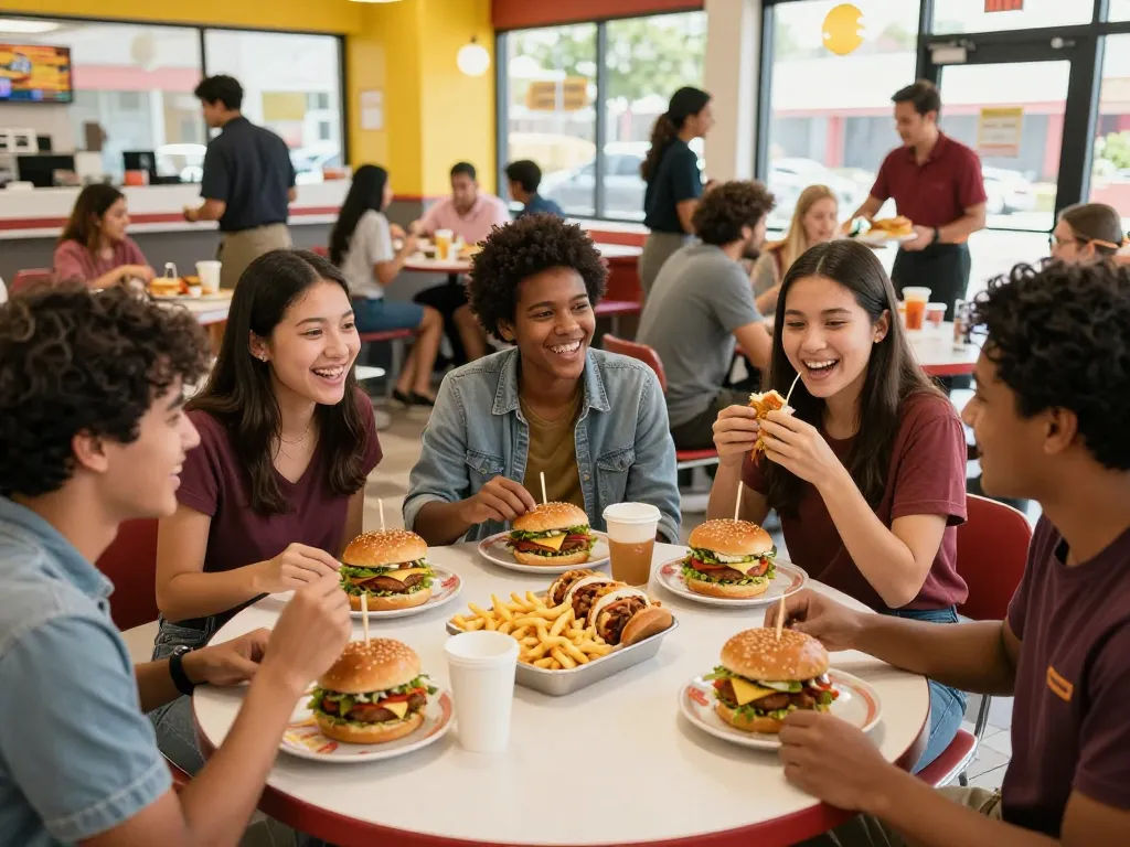 Enjoying a diverse fast food menu with friends in a lively restaurant setting.
