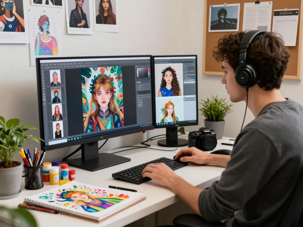 Generate image to prompt in a vibrant AI art studio with a digital artist at work.