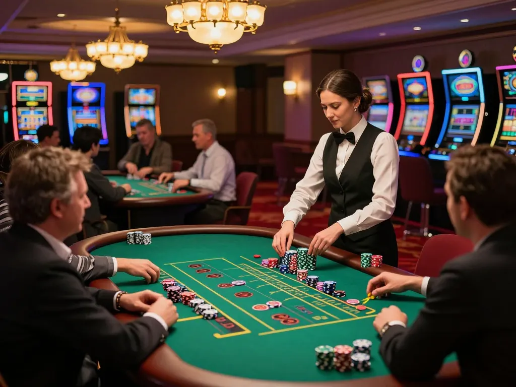 Players engaging in blackjack at iWin casino with vibrant atmosphere and warm lighting.