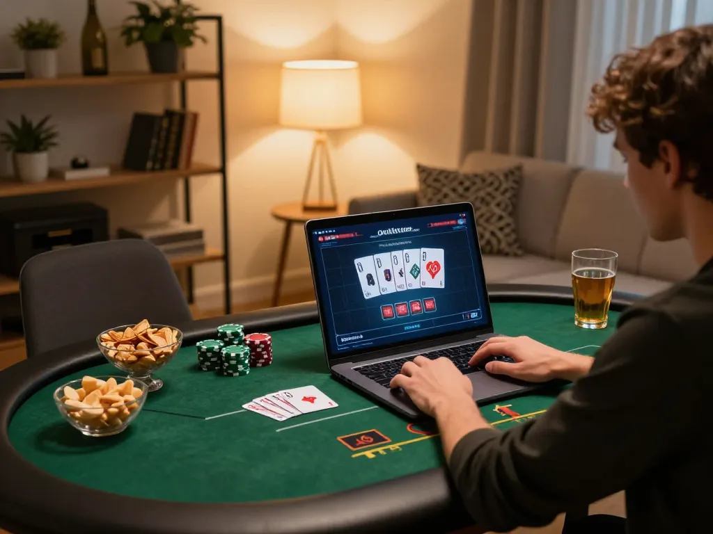 Engaging in online poker at 88clbgo with a laptop and cozy home setup.