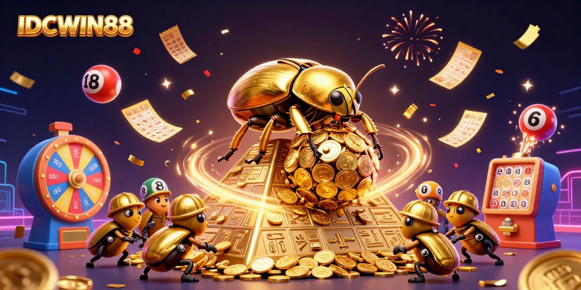 Engage with IDCWIN88 in this lively casino-themed explosion of golden elements and lottery symbols.