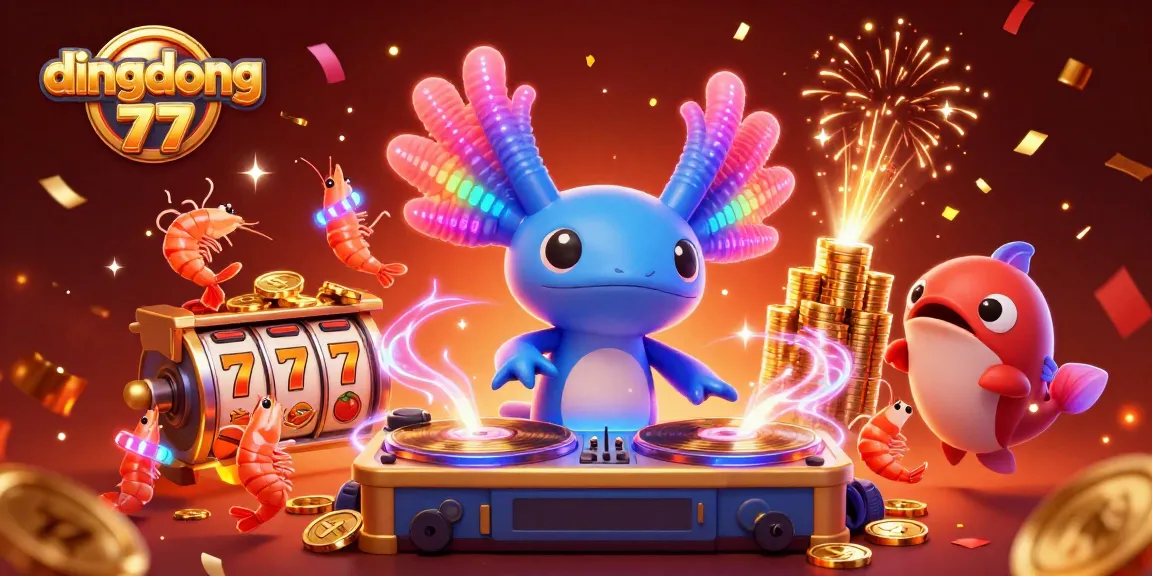 Spin the reels with dingdong 77's vibrant casino scene featuring a neon axolotl DJ and playful sea creatures.