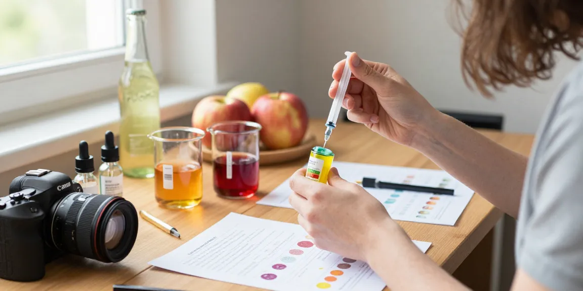 Mixing fizzy-apple-flavour-concentrate-by-fizziology-eliquid-flavour-concentrates in a vibrant DIY vaping workshop.