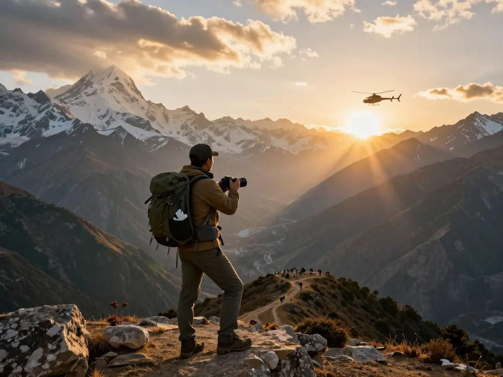 Immersive view of Everest Base Camp Trek with Helicopter Return adventure at sunset.