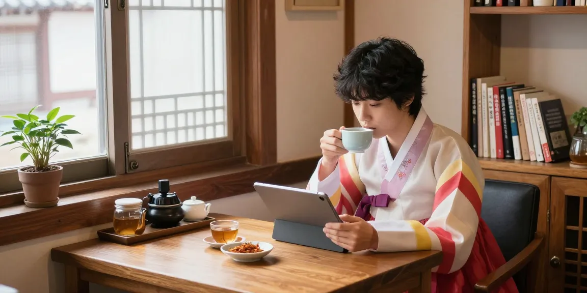 Cozy atmosphere at 상봉동 한국관 with a person sipping tea and browsing on a tablet.