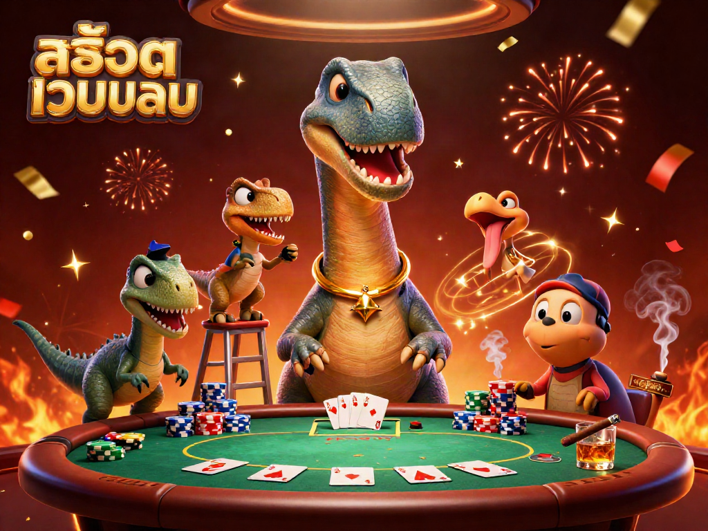 Deal cards from the clever raptor while enjoying สล็อตเว็บตรง gaming action in a vibrant casino.