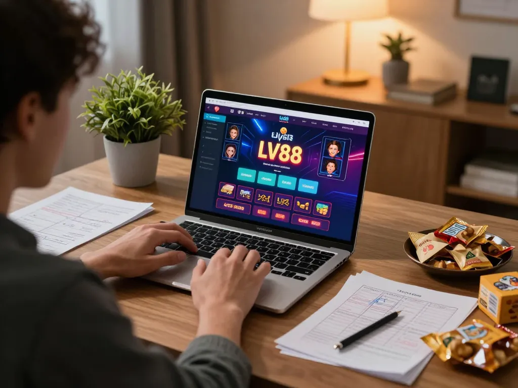 Engaging in online casino gaming at LV88 with laptop and strategy notes.
