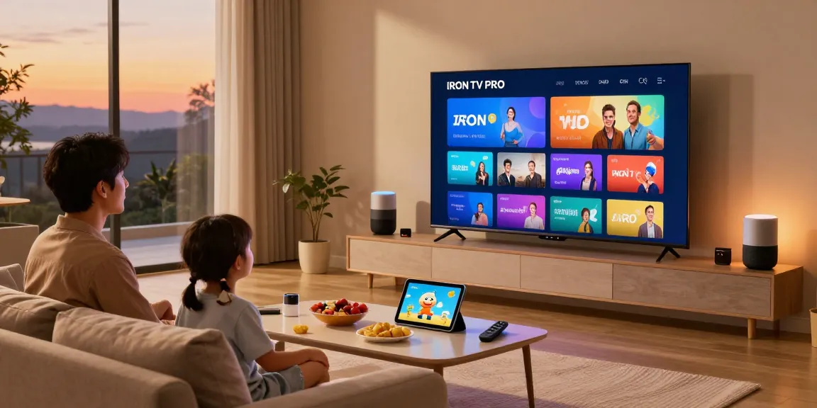 Family enjoying IRON TV PRO streaming in a stylish living room with Smart TV.