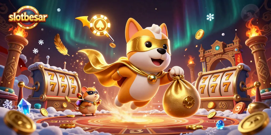 Engage in slotbesar action with the superhero dog and hamster amidst vibrant casino elements.
