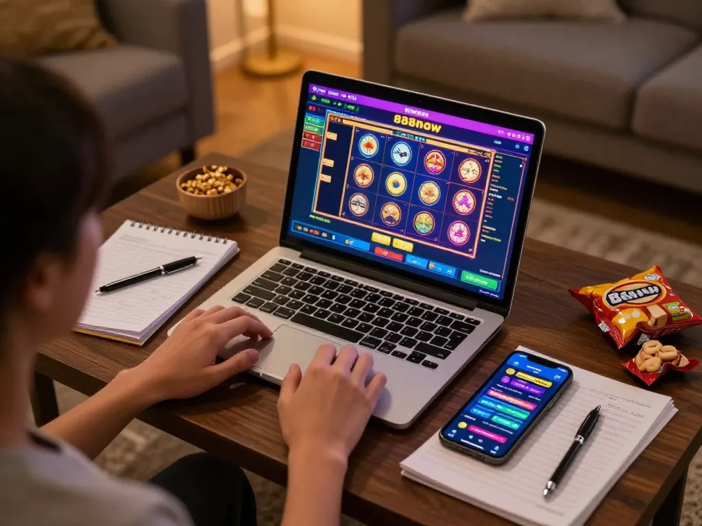 Engaged player navigating 888now online casino games on laptop with vibrant graphics and mobile app.