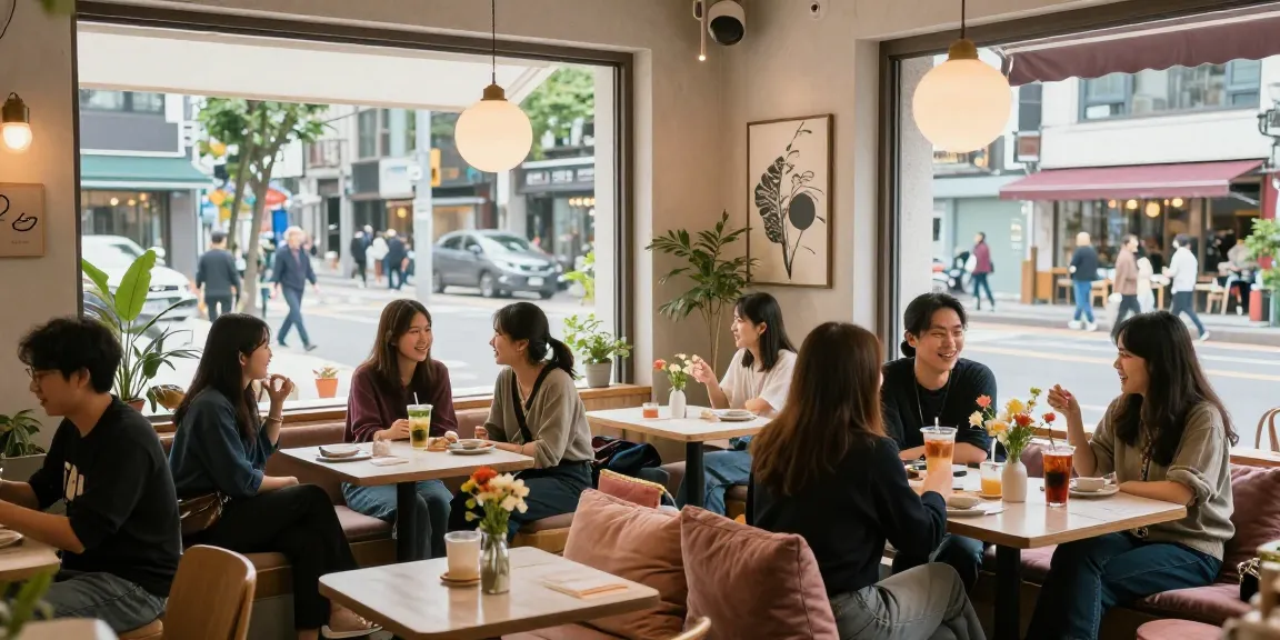 강남쩜오 멀리건의 아늑한 카페 내부에서 친구들이 음료를 나누며 즐거운 시간을 보내는 모습