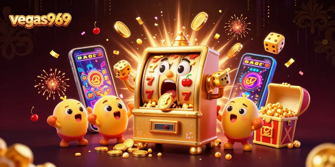 Experience the excitement of vegas969 with a cartoon jackpot scene filled with coins and slot machines.