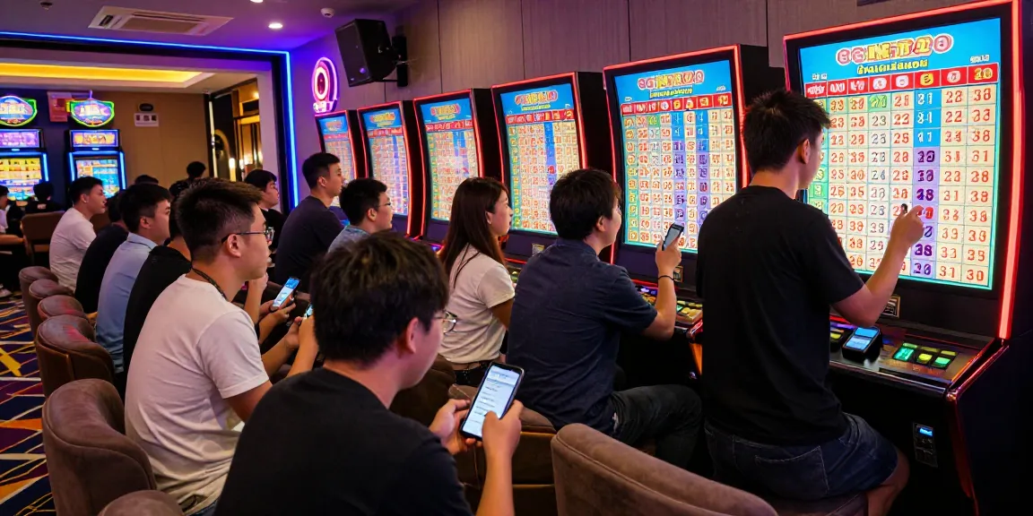 Players excitedly watching JNETOTO live draw results unfold in a vibrant gaming lounge.