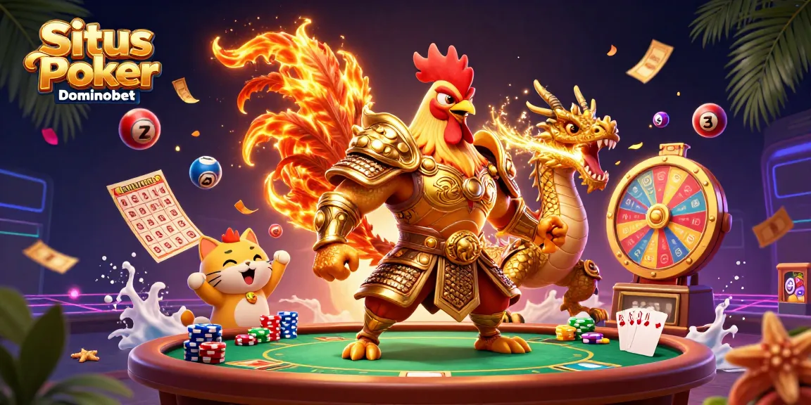 Engage in action at Situs Poker Dominobet with fiery rooster warrior and dragon, surrounded by poker elements.