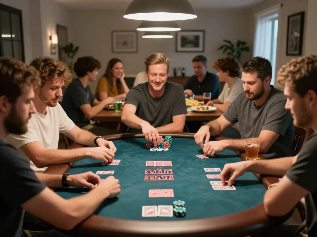 O8 players strategizing during a friendly home poker game with snacks and drinks